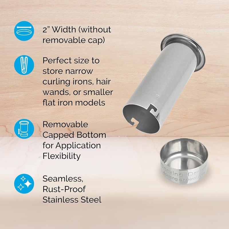 Docking Drawer 2.0" Canister for Hot Tools, Hair Dryer, Curling Iron, and Flat Iron Holder Tube RIng Capped Stainless Steel - Image 1